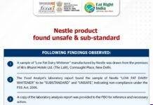 FSSAI Halts Sale of Nestle Low-Fat Dairy Whitener After Sample Fails Safety Test