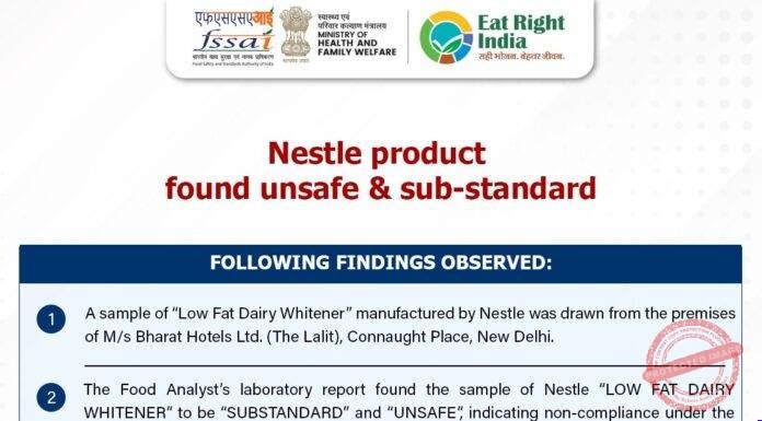 FSSAI Halts Sale of Nestle Low-Fat Dairy Whitener After Sample Fails Safety Test